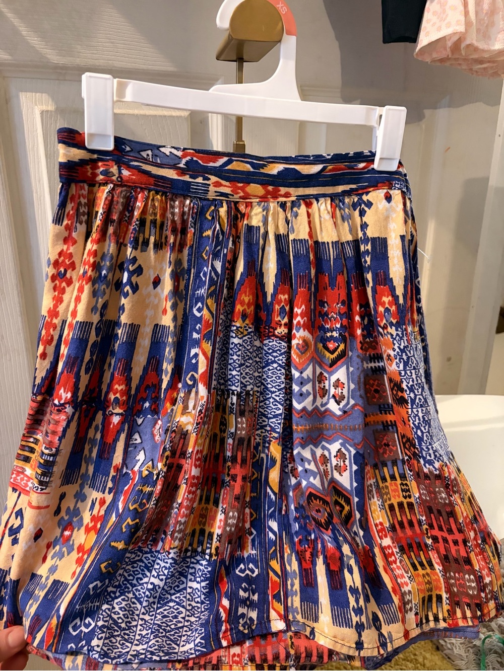 Angie: Flowy,  Multicolor Geometric Colorful Print Skirt, 100% Rayon, XS